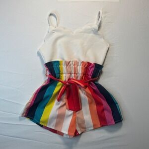 Girls Rainbow Striped Scalloped Paperbag Romper White Multi Color Summer 4T 5T